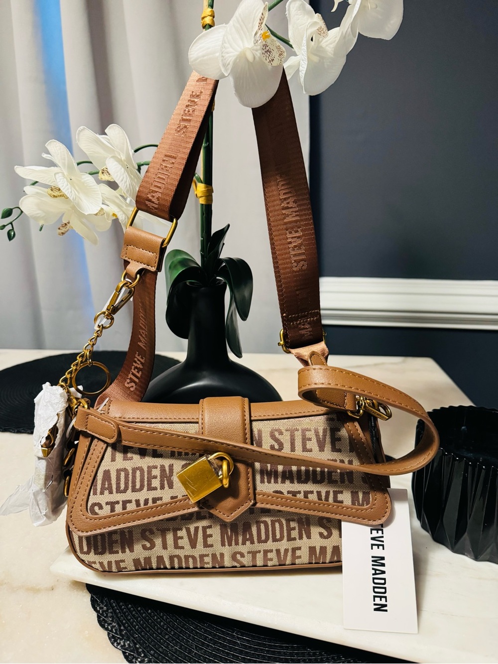 Steve Madden Brown Logo Print Crossbody Bag with Gold Hardware